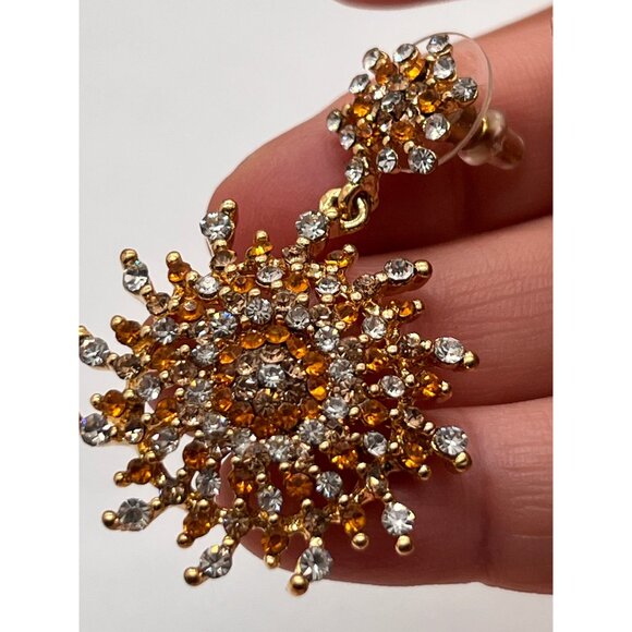 Pierced Earrings 2" Long Fiery Sun Burst and Gold Plated Stunning Earrings - Picture 2 of 10